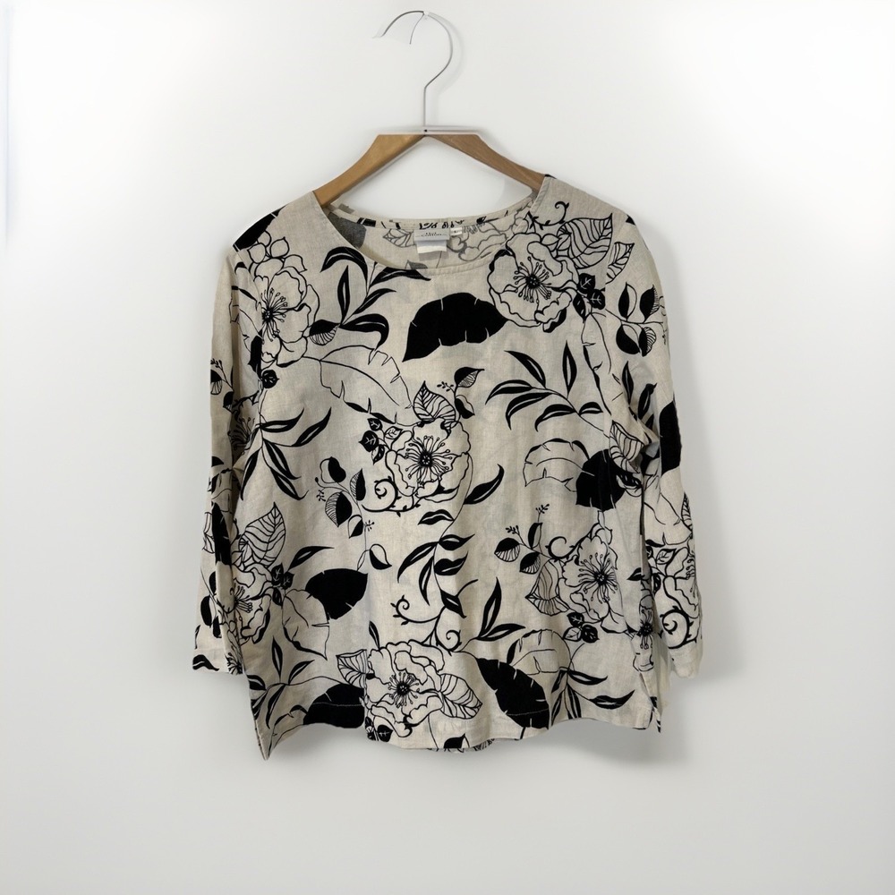 Hot Cotton Womens Large Linen Blend Floral Blouse Black Beige 3/4 Sleeve Top